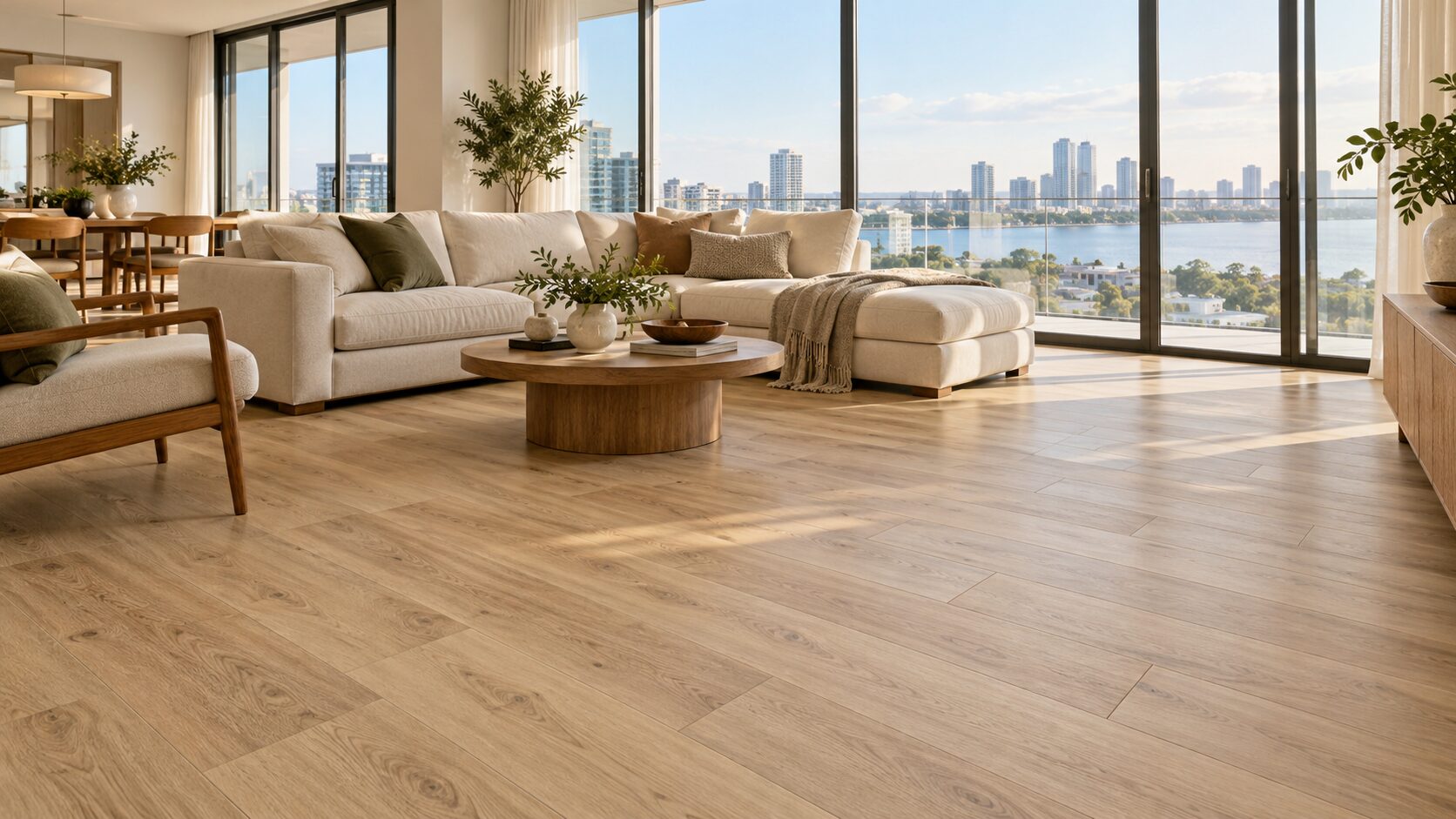 Không gian phòng khách căn hộ hiện đại được lát sàn nhựa vân gỗ màu sồi sáng, sofa trung tính, cửa kính lớn, ánh sáng tự nhiên, bề mặt sàn thể hiện rõ