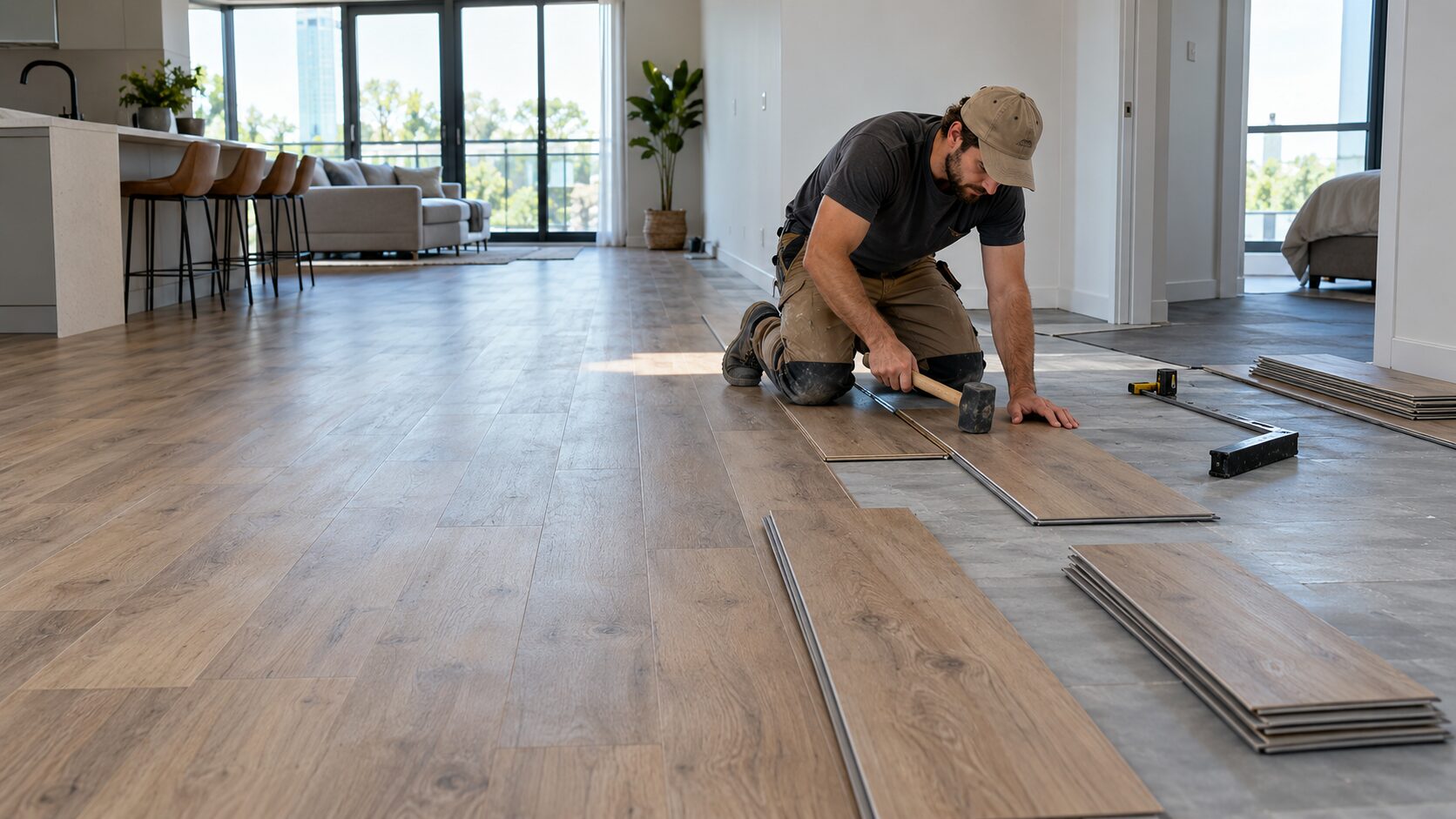 Cảnh thợ đang thi công sàn nhựa hèm khóa SPC trong căn hộ hiện đại, một phần nền đã lát hoàn thiện và một phần đang lắp, thấy rõ tấm sàn, hệ hèm khóa,
