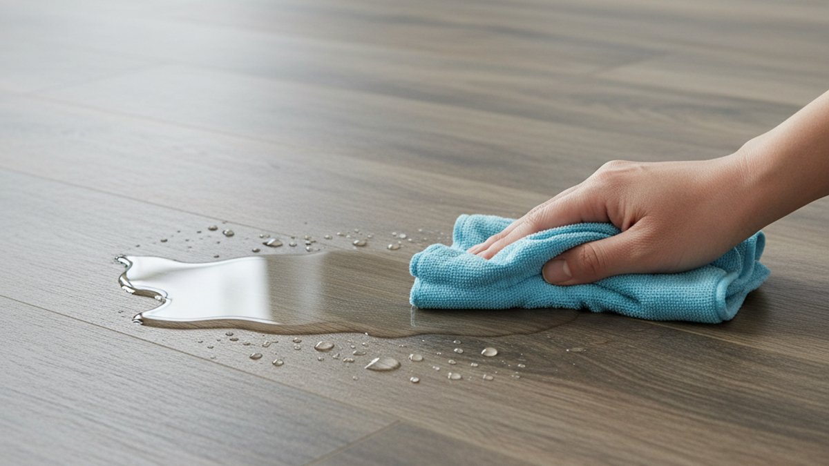 Nước đổ trên sàn nhựa giả gỗ dễ lau chùi