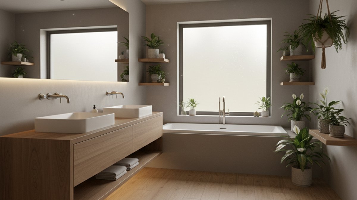 Phòng tắm hiện đại với sàn nhựa giả gỗ và cây cảnh