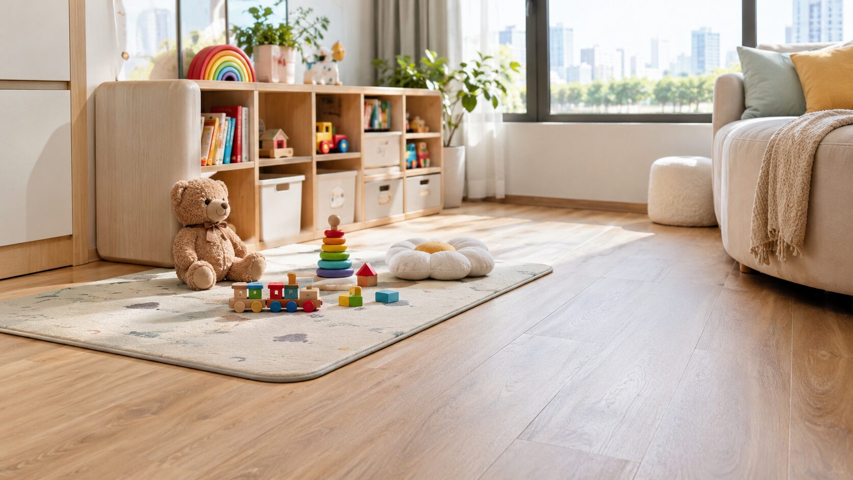 Cận cảnh khu vực vui chơi của trẻ trong căn hộ hiện đại, sàn nhựa vân gỗ màu nâu sáng, thảm chơi chống trượt, kệ đồ chơi thấp có góc bo tròn, ánh sáng