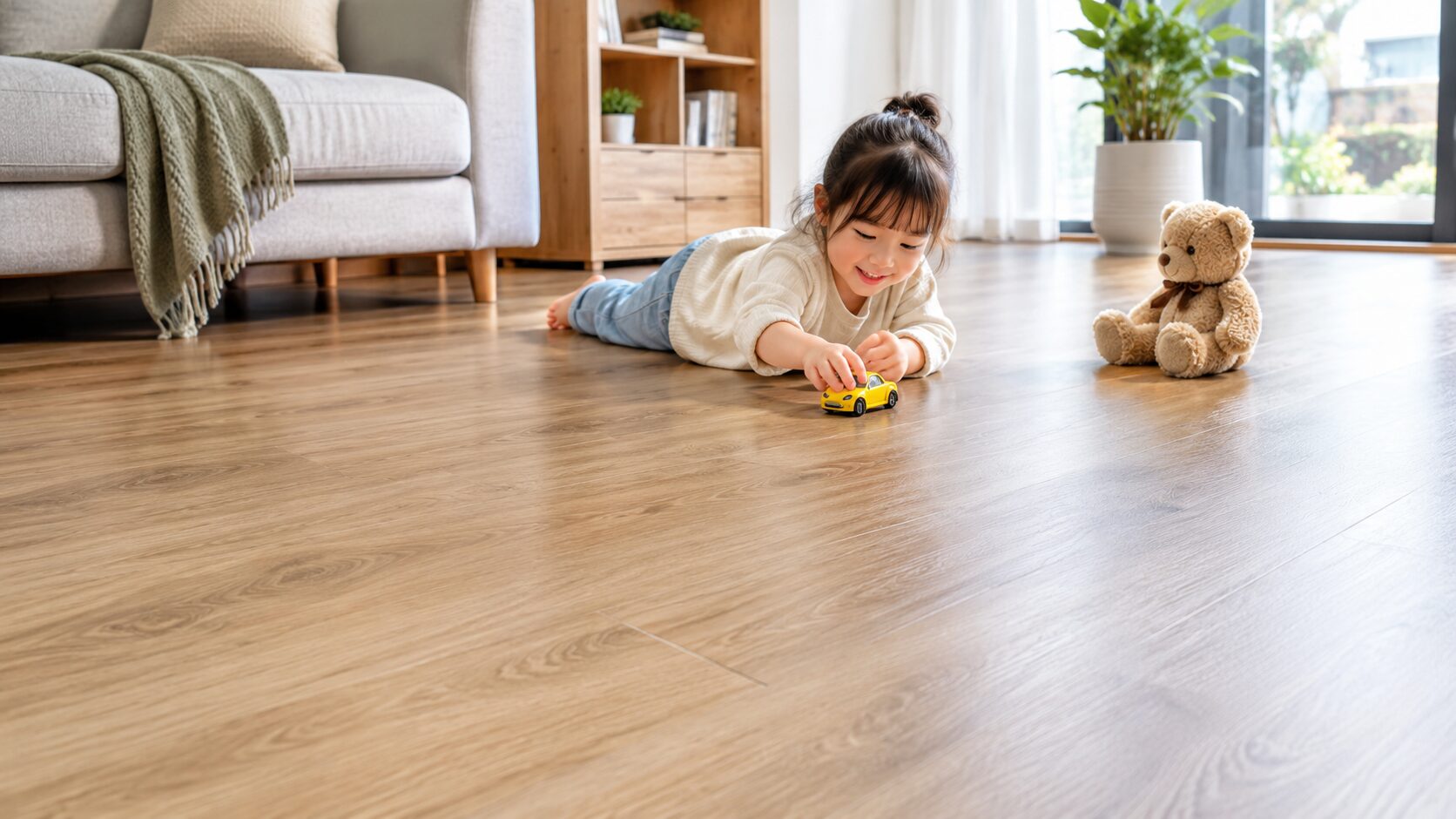 Nhân viên showroom đang đặt các mẫu sàn nhựa vân gỗ màu sồi sáng, nâu tự nhiên và xám ghi cạnh bảng màu tường, mẫu rèm và cánh tủ nội thất; không gian
