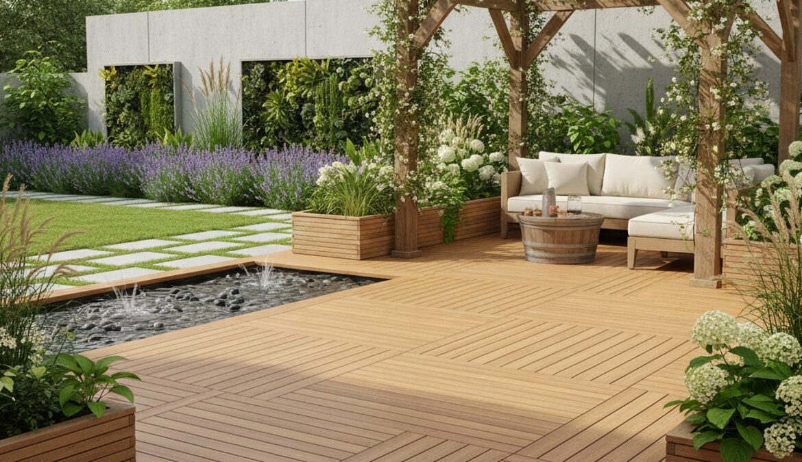 Sân vườn đẹp, hiện đại dùng gỗ nhựa WPC và gỗ tự nhiên