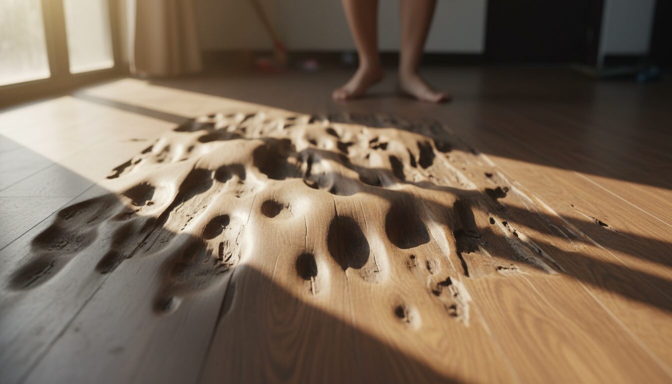 Cận cảnh một góc sàn gỗ bị cong vênh, phồng rộp do ngấm nước, ánh sáng chiếu vào làm nổi bật các đường gợn sóng trên bề mặt, thể hiện rõ sự hư hỏng.