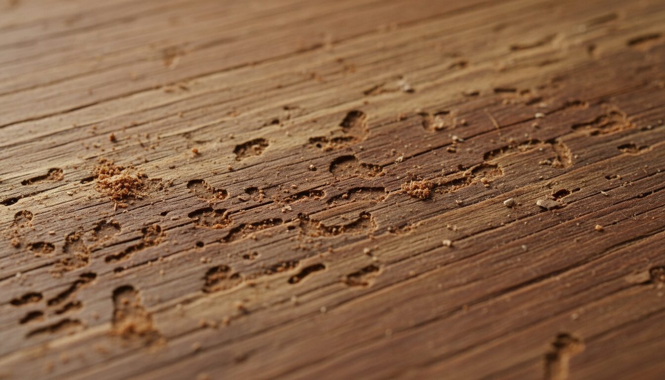 Hình ảnh phóng to bề mặt một tấm sàn gỗ tự nhiên có nhiều lỗ nhỏ do mối mọt và một ít bụi gỗ mịn bên cạnh, cho thấy sự phá hoại từ bên trong.