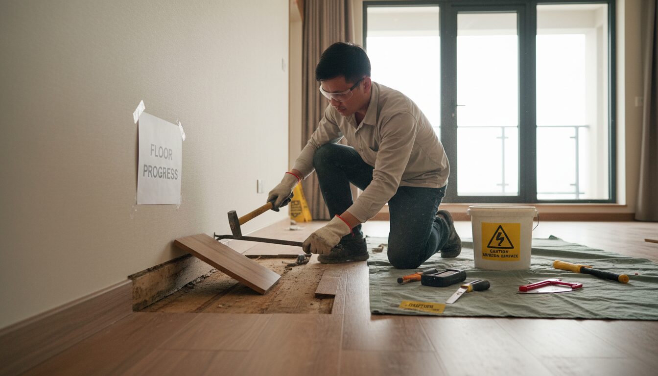 Một người thợ Việt Nam đang cẩn thận dùng dụng cụ để tháo dỡ một thanh len chân tường, chuẩn bị xử lý phần sàn gỗ bị phồng rộp bên dưới. Anh ta đeo găng tay và làm việc một cách chuyên nghiệp.