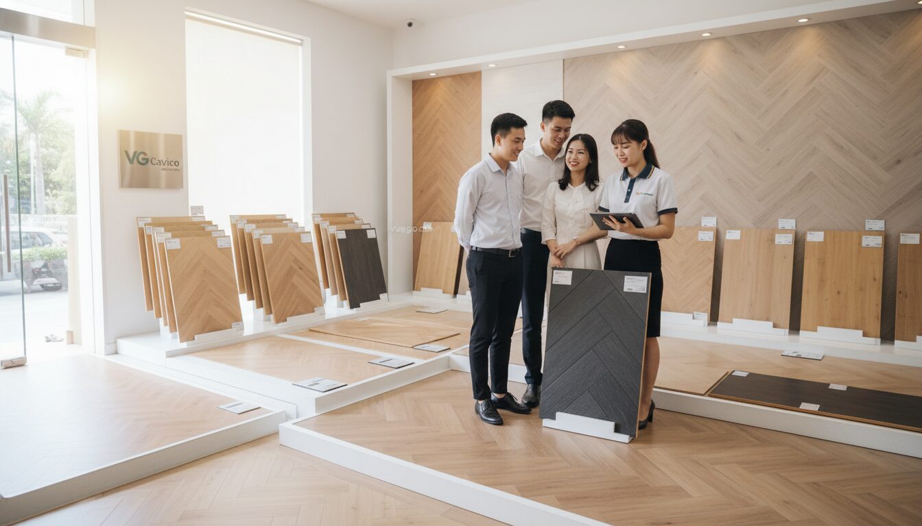 Một showroom sàn gỗ sáng sủa, hiện đại của VG Cavico. Các mẫu sàn gỗ được trưng bày đẹp mắt. Một cặp vợ chồng trẻ người Việt Nam đang được nhân viên tư vấn về các loại sàn gỗ chịu nước.