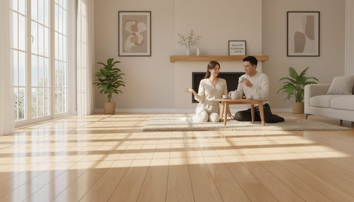 Một ngôi nhà với sàn gỗ sáng bóng, sạch sẽ và không một tì vết. Ánh nắng nhẹ chiếu vào từ cửa sổ, tạo nên một không gian ấm cúng và sang trọng, thể hiện kết quả của việc lựa chọn và bảo dưỡng sàn đúng cách.