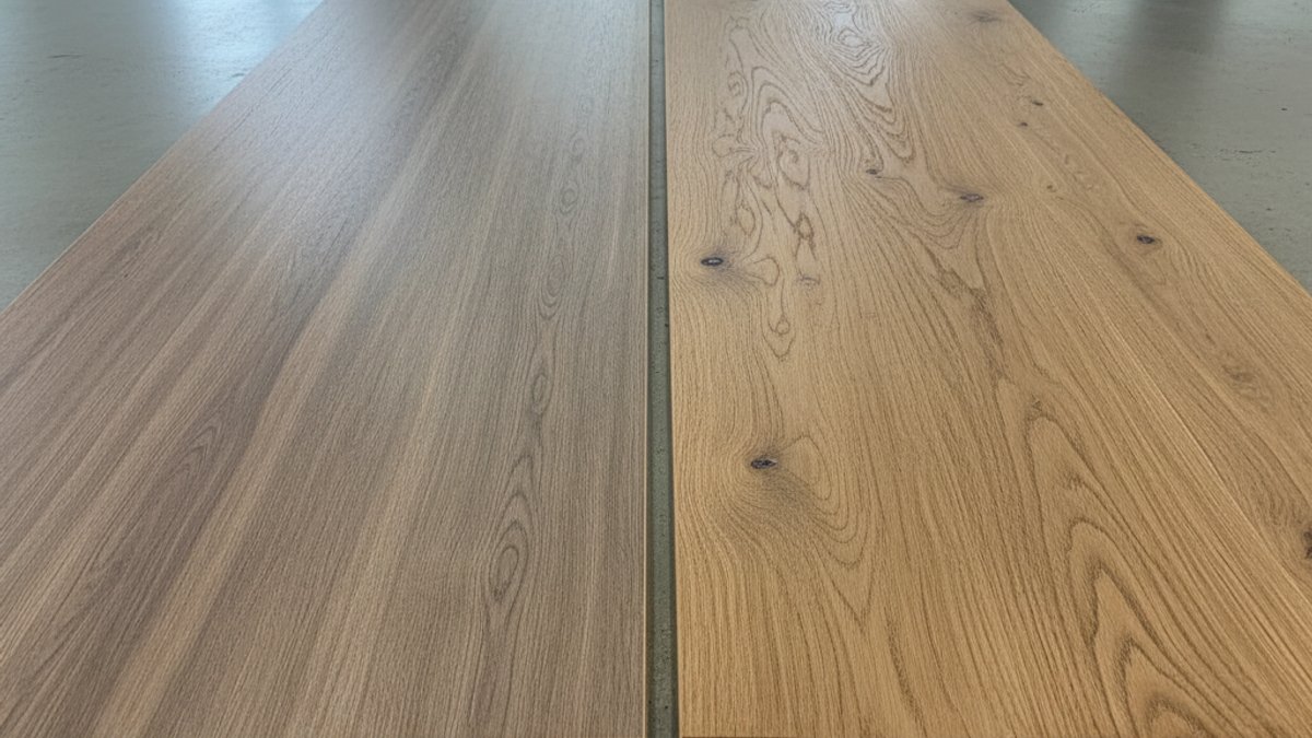 Hai loại sàn gỗ công nghiệp và sàn gỗ kỹ thuật đặt cạnh nhau
