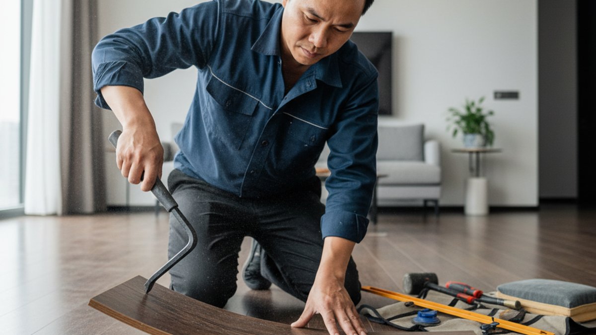 Kỹ thuật viên Vua Gỗ sửa sàn gỗ bị cong