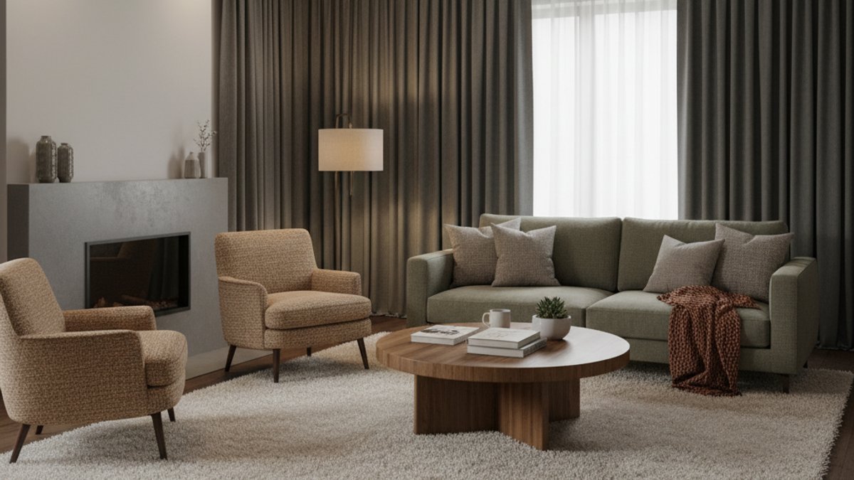 Phòng khách với thảm dày, rèm cửa, sàn gỗ