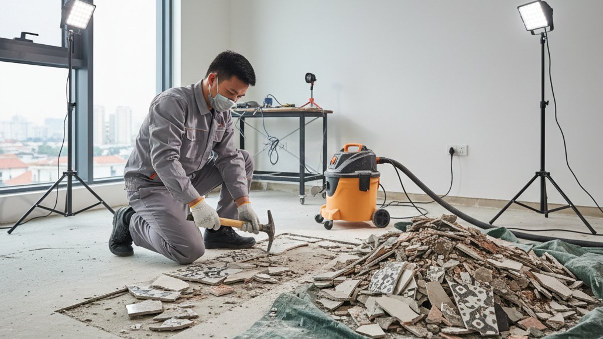 Thợ đang tháo dỡ sàn gạch cũ