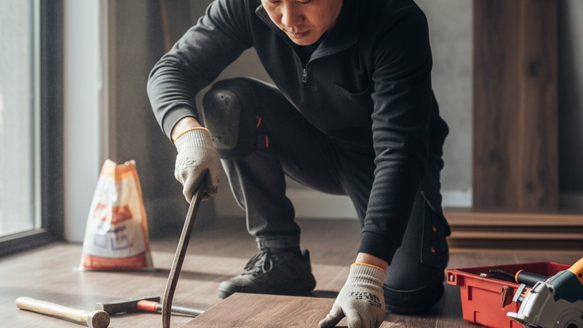 Thợ đang thay thế tấm ván sàn gỗ bị hư hại