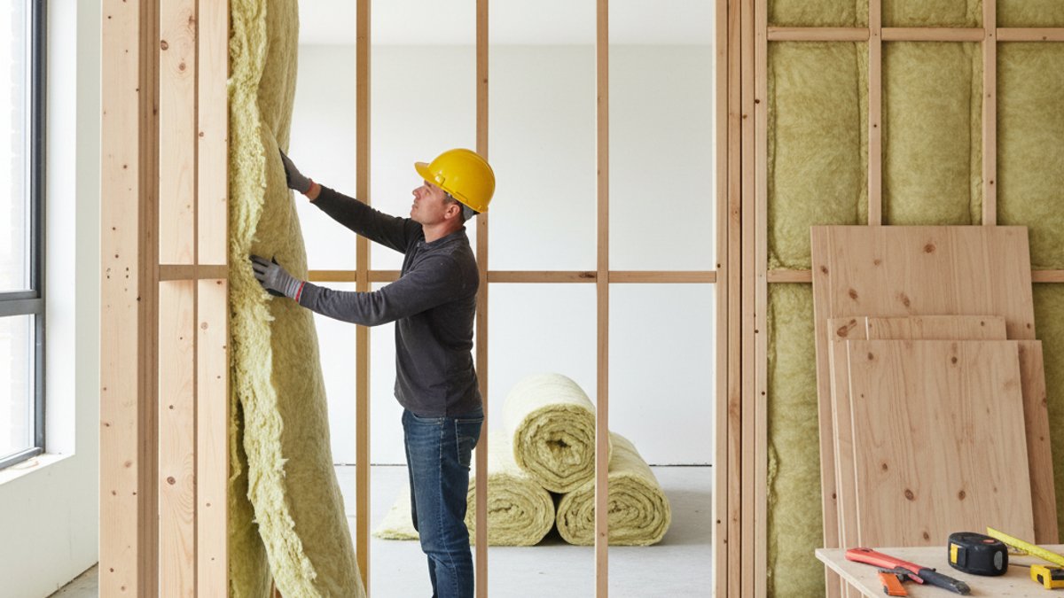 Nhân viên thi công lắp đặt bông thủy tinh vào khung tường