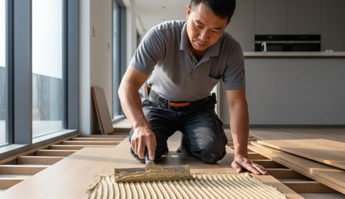 Thợ thi công đang sử dụng keo dán sàn gỗ chuyên dụng
