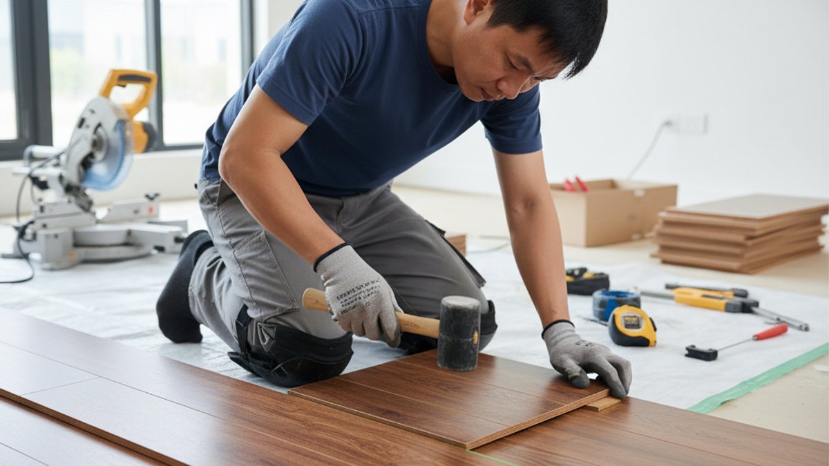 Thợ thi công sàn gỗ đang lắp đặt