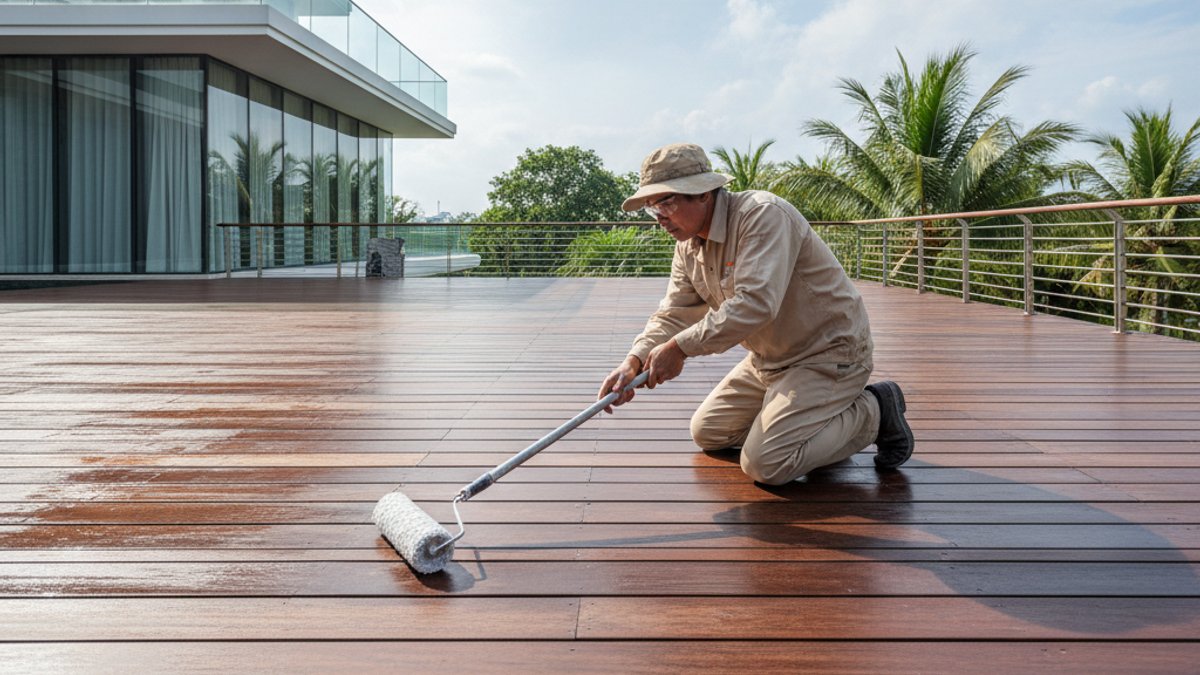 Thợ thi công lớp bảo vệ cho sàn gỗ