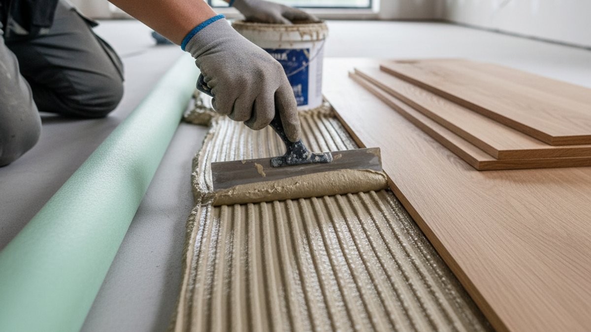 Thợ đang dán keo lót sàn gỗ