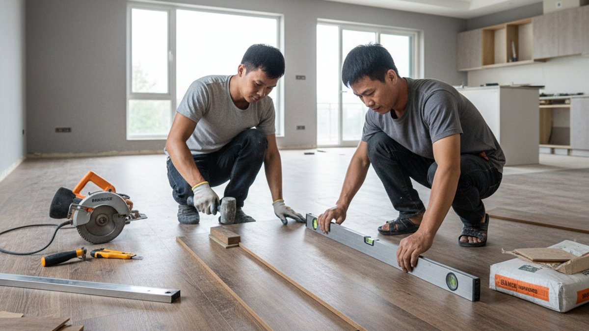 Thợ thi công sàn gỗ chuyên nghiệp, đảm bảo sàn phẳng