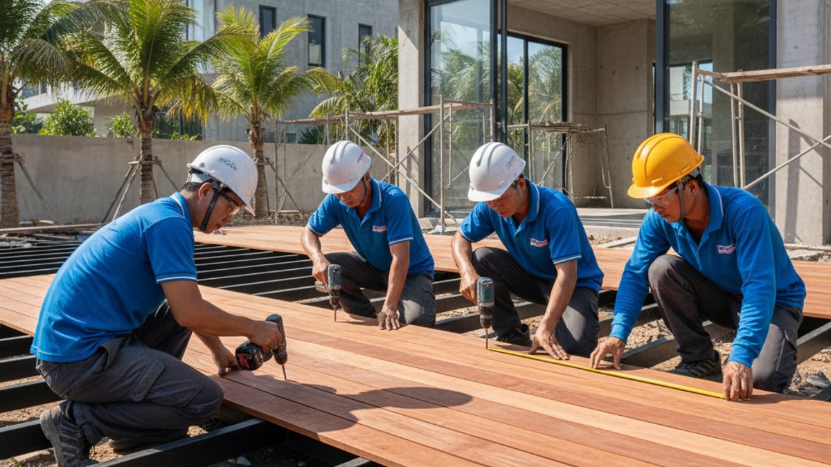 Nhân viên kỹ thuật đang thi công lắp đặt sàn gỗ nhựa ngoài trời