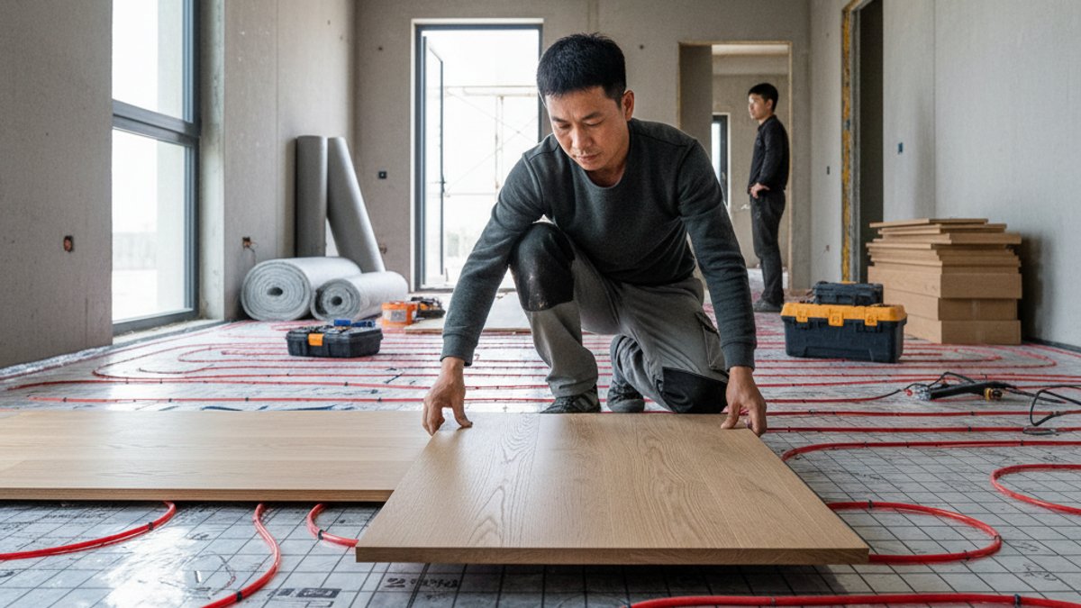 Thợ đang lắp đặt sàn gỗ trên hệ thống sưởi sàn