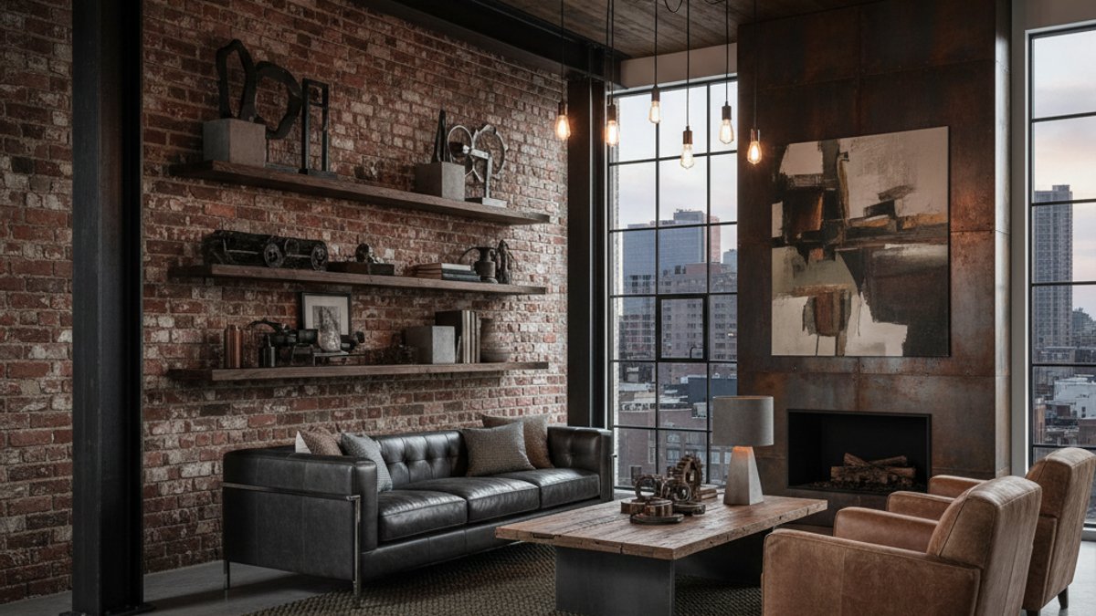 Phòng khách Industrial hiện đại gỗ kim loại