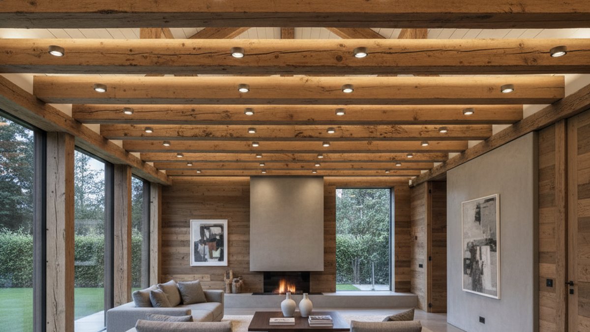 Trần gỗ với đèn âm trần và đèn hắt