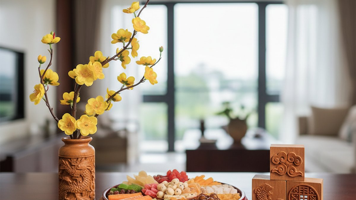 Khay mứt gỗ, cành mai đào giả trang trí Tết