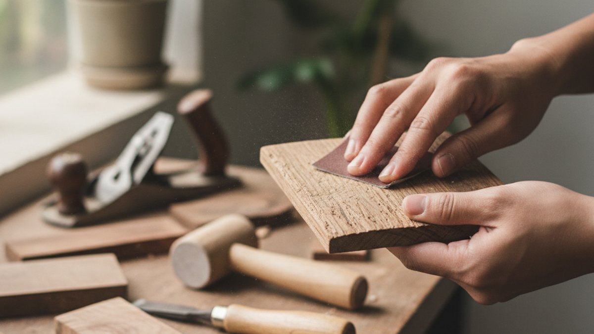 Đôi tay đang chà nhám miếng gỗ tái chế để làm đồ trang trí
