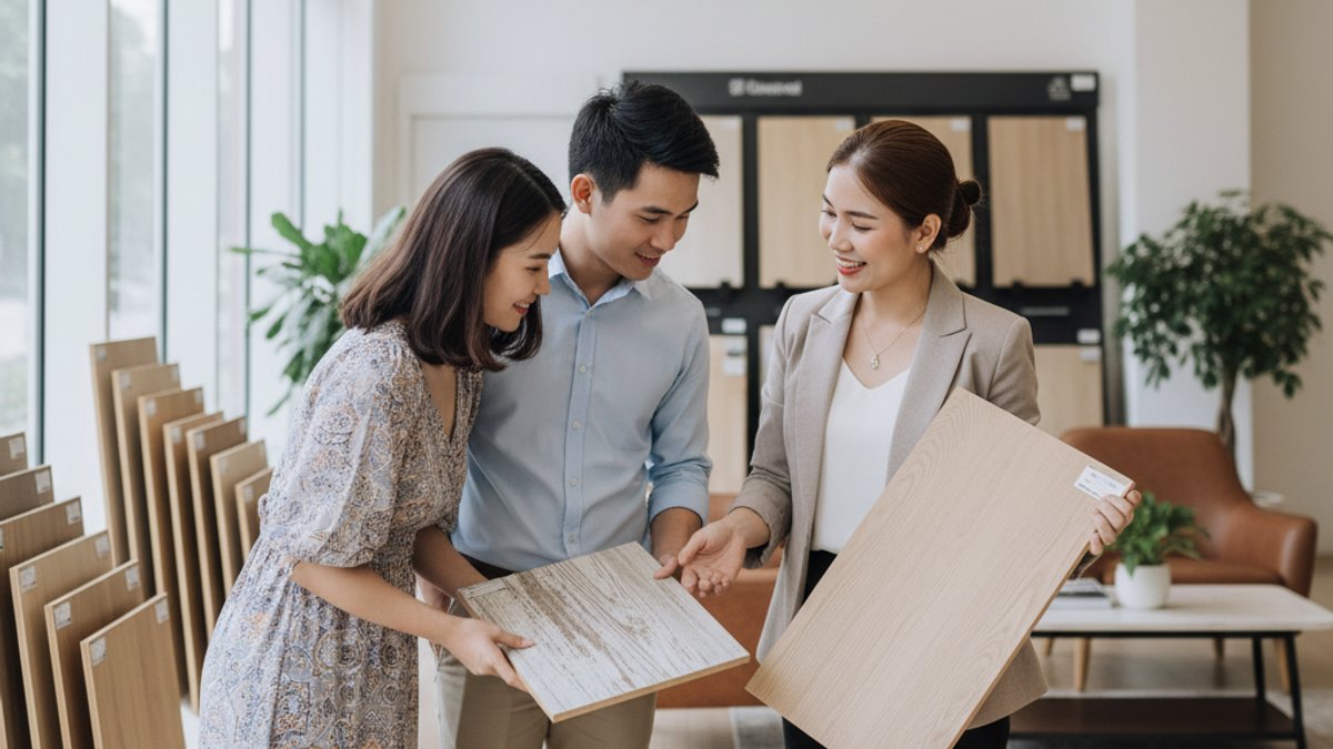 Nhân viên Vua Gỗ tư vấn sàn nhà an toàn cho gia đình có trẻ nhỏ