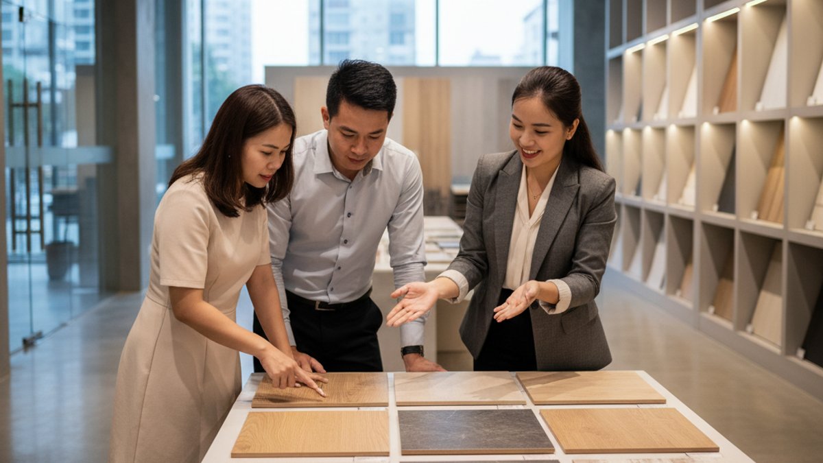 Nhân viên Vua Gỗ tư vấn khách hàng chọn sàn