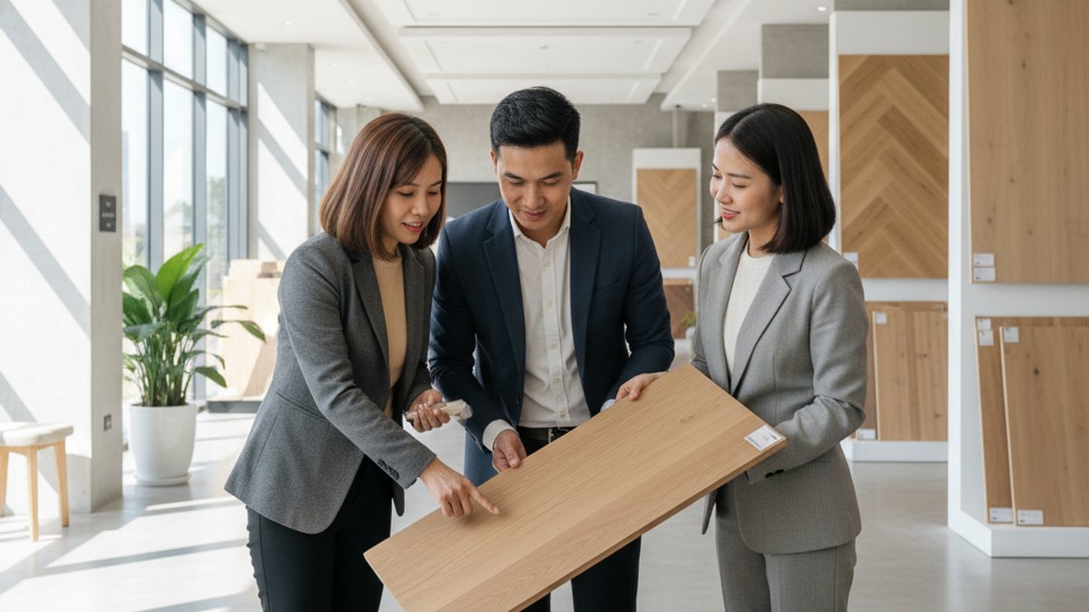 Khách hàng được tư vấn chọn sàn gỗ tại showroom