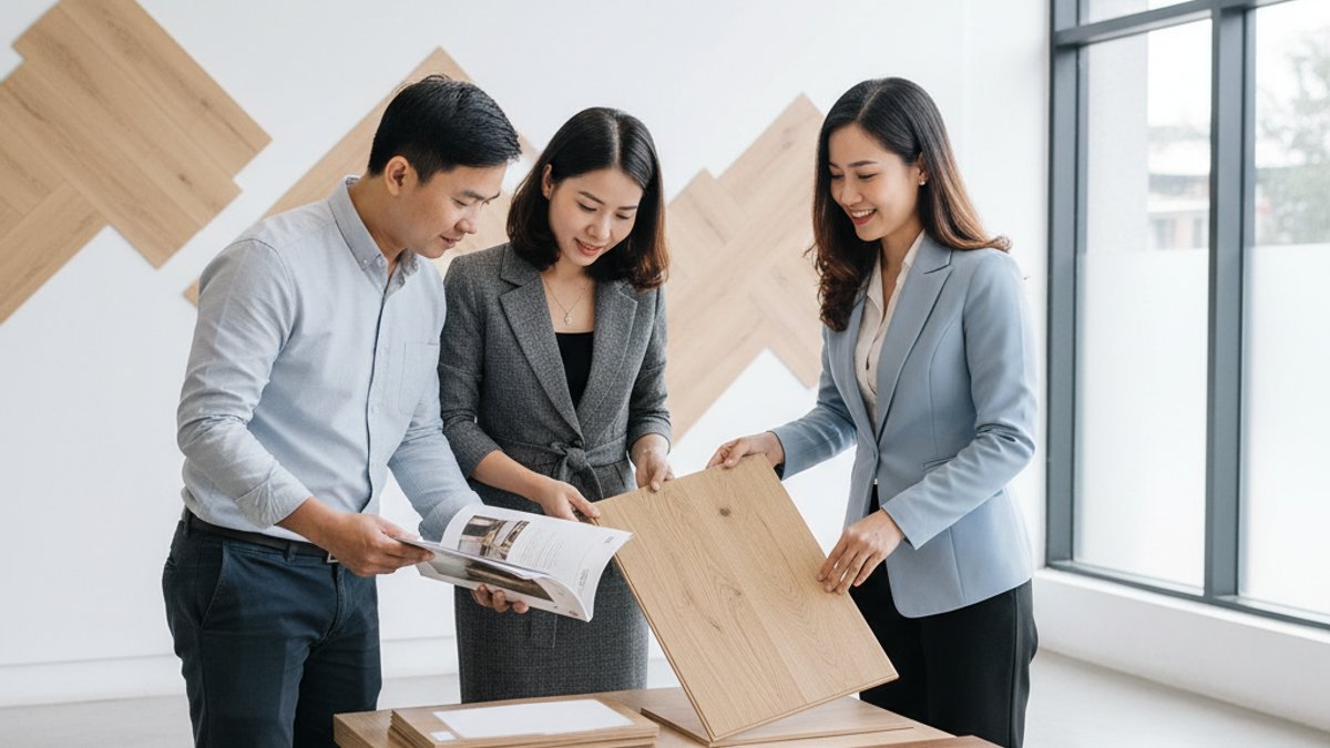 Nhân viên Vua Gỗ tư vấn khách hàng chọn sàn