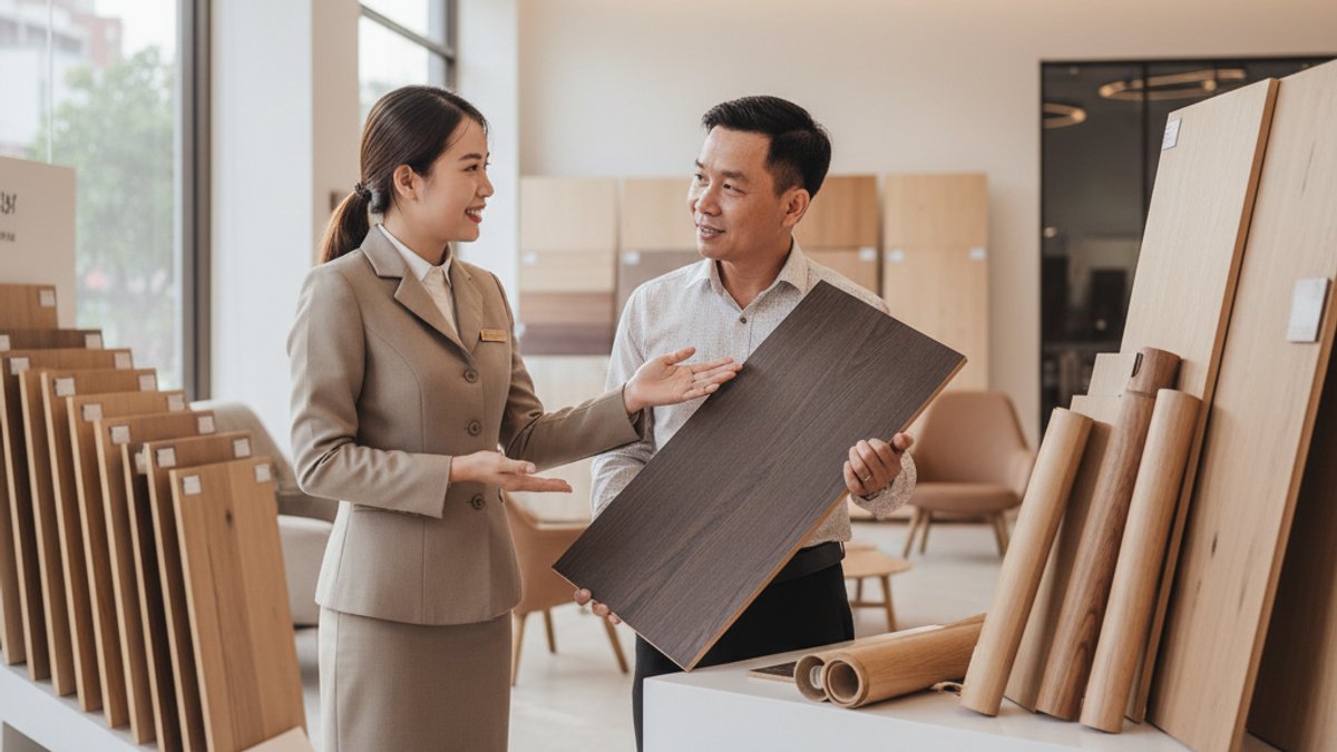 Nhân viên Vua Gỗ tư vấn giải pháp sàn gỗ