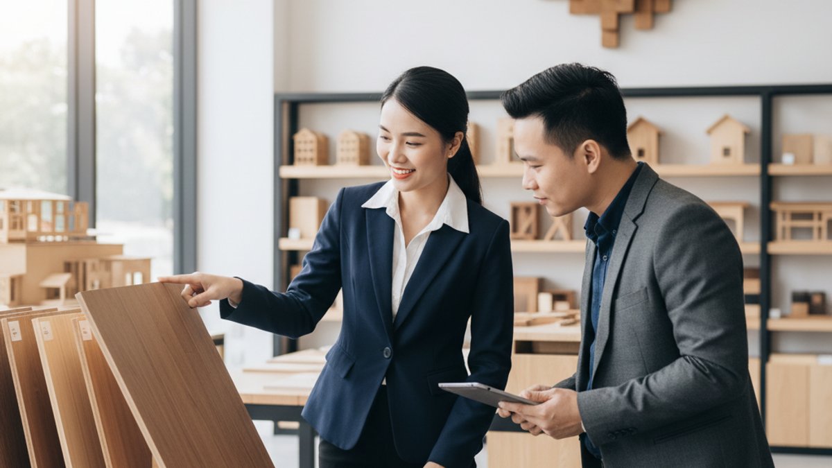 Nhân viên Vua Gỗ tư vấn khách hàng về gỗ bền vững