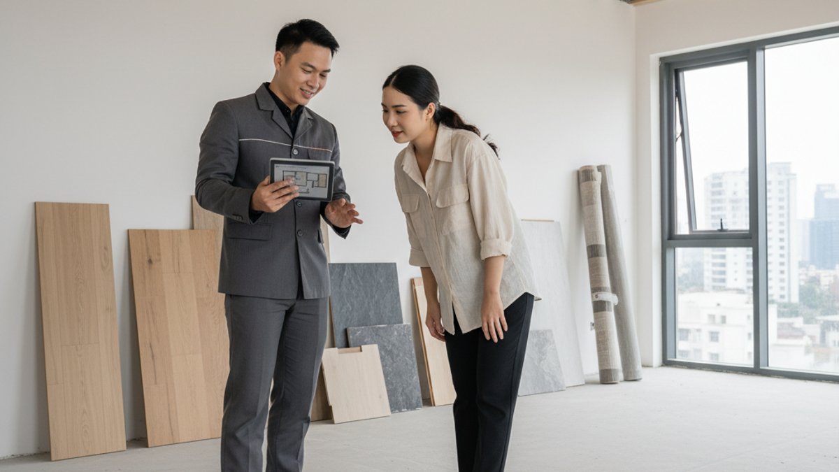 Nhân viên tư vấn sàn gỗ khảo sát công trình cùng khách hàng