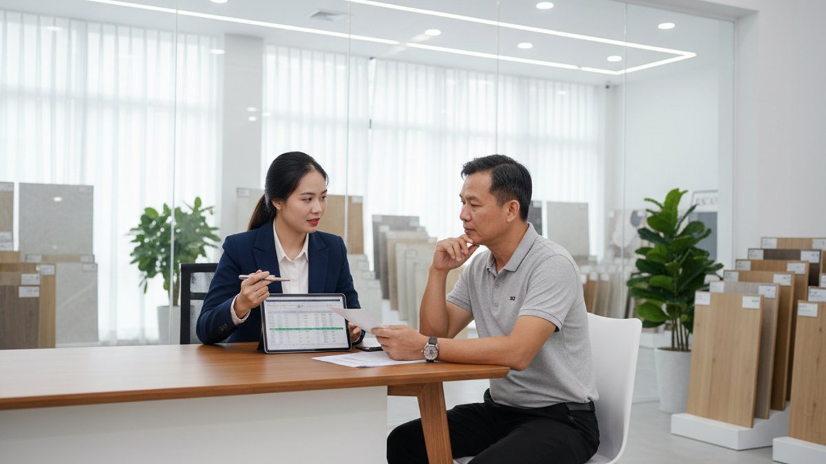 Tư vấn viên giải thích báo giá sàn gỗ cho khách hàng