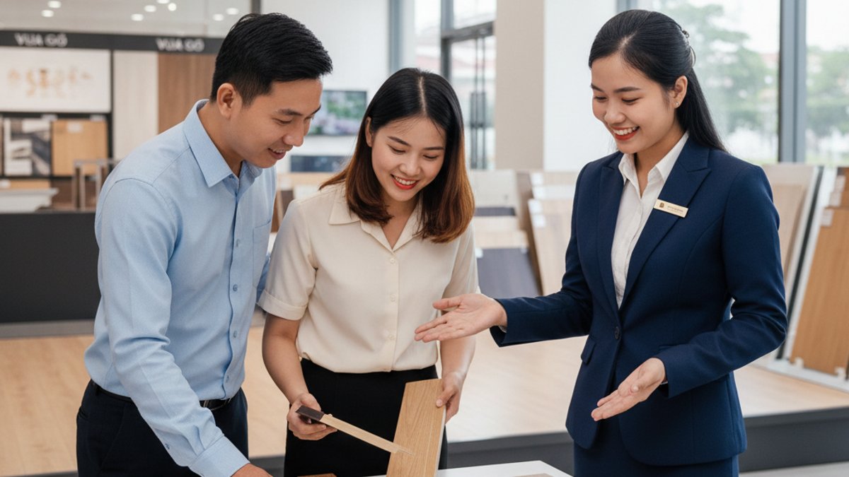 Khách hàng được tư vấn chọn phụ kiện sàn gỗ tại showroom Vua Gỗ