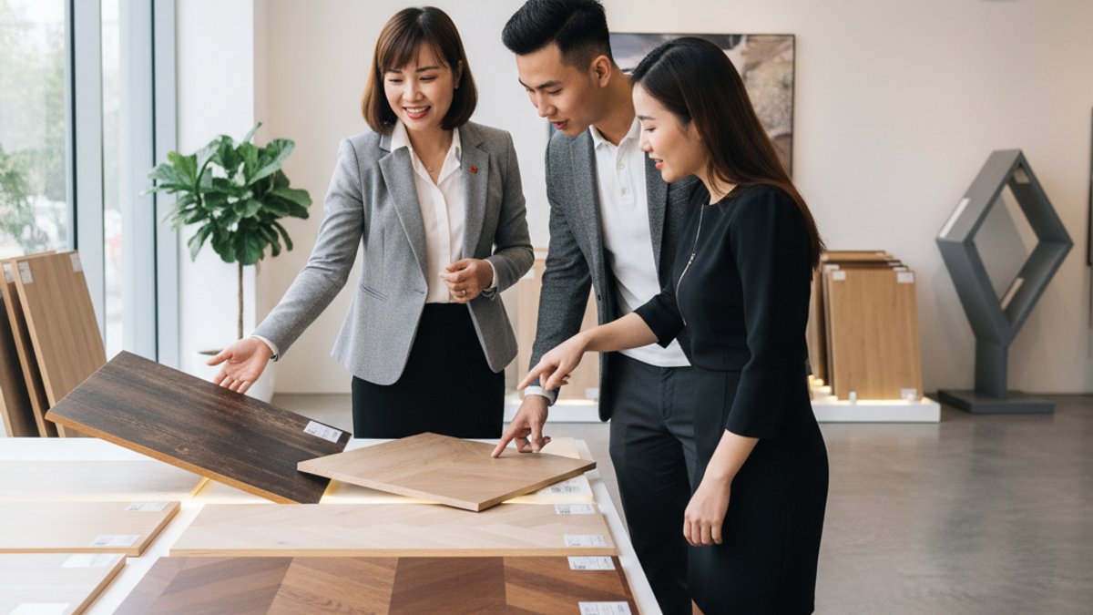Nhân viên Vua Gỗ tư vấn khách hàng về sàn gỗ
