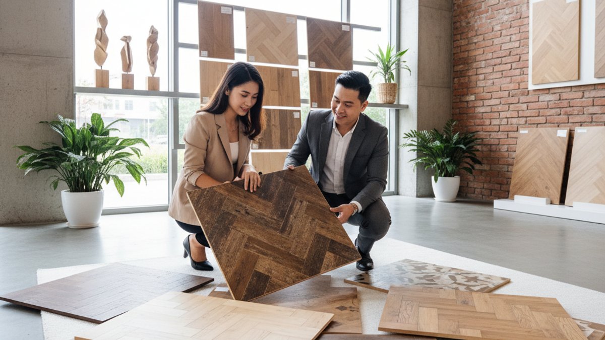 Nhân viên Vua Gỗ tư vấn mẫu sàn gỗ cho khách hàng