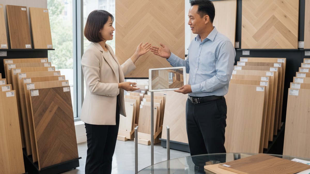 Khách hàng được tư vấn về sàn gỗ tại showroom