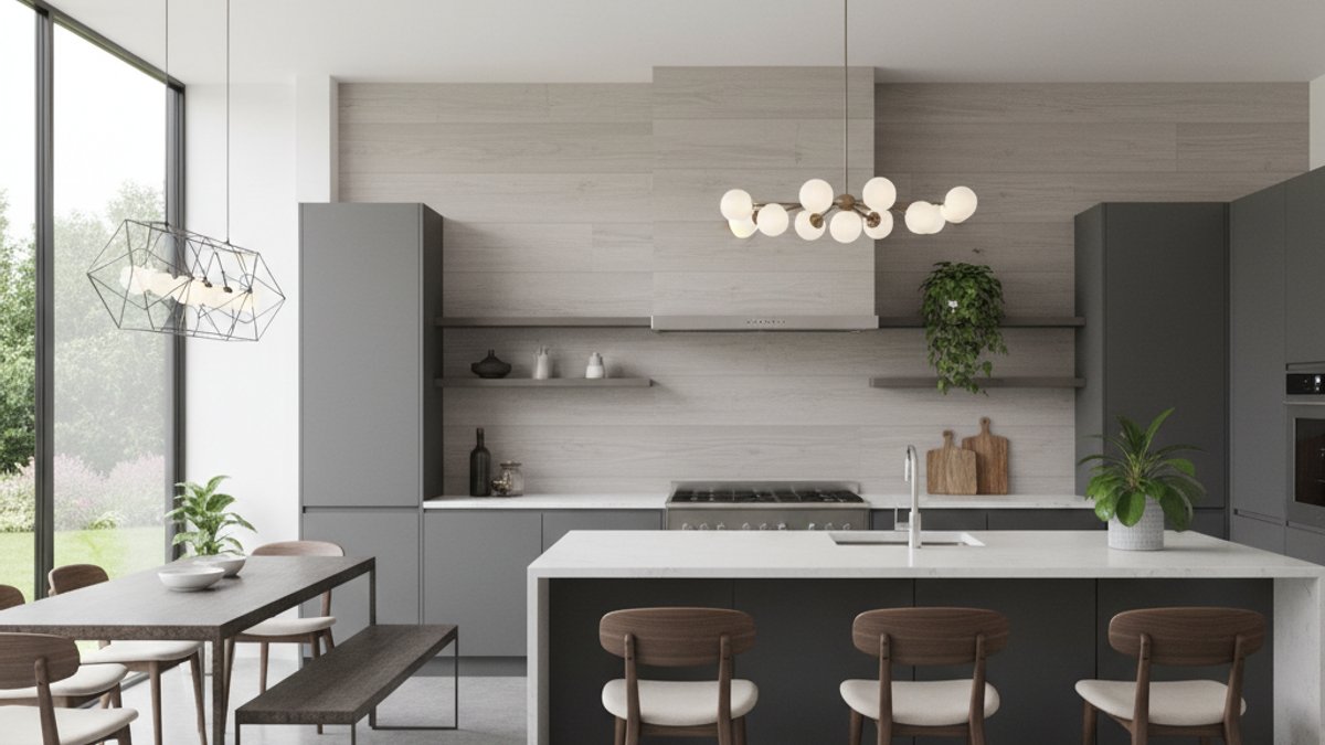 Khu vực bếp ăn hiện đại với tường ốp gỗ công nghiệp