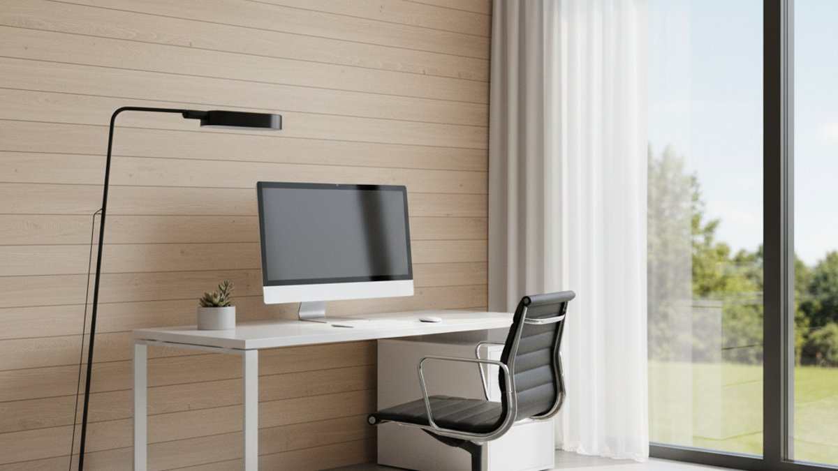 Văn phòng hiện đại với tường ốp gỗ công nghiệp