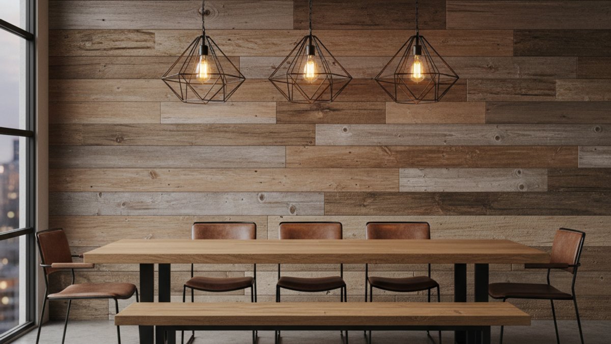 Phòng ăn phong cách Industrial với tường gỗ tái chế