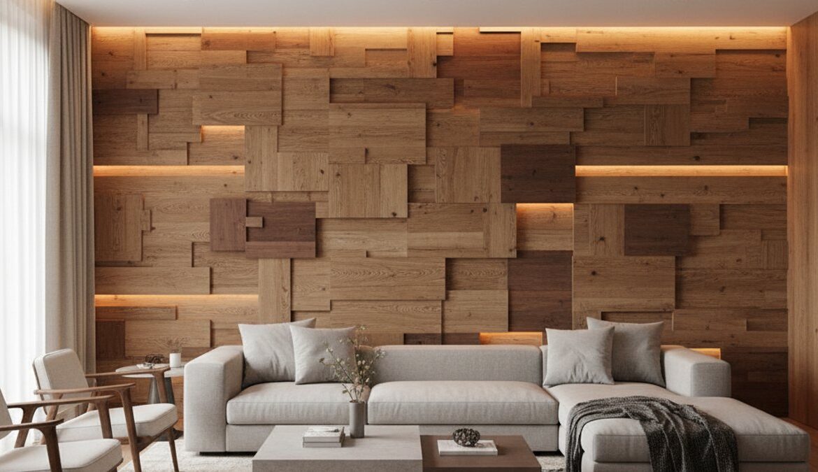 Phòng khách hiện đại với tường ốp gỗ nghệ thuật