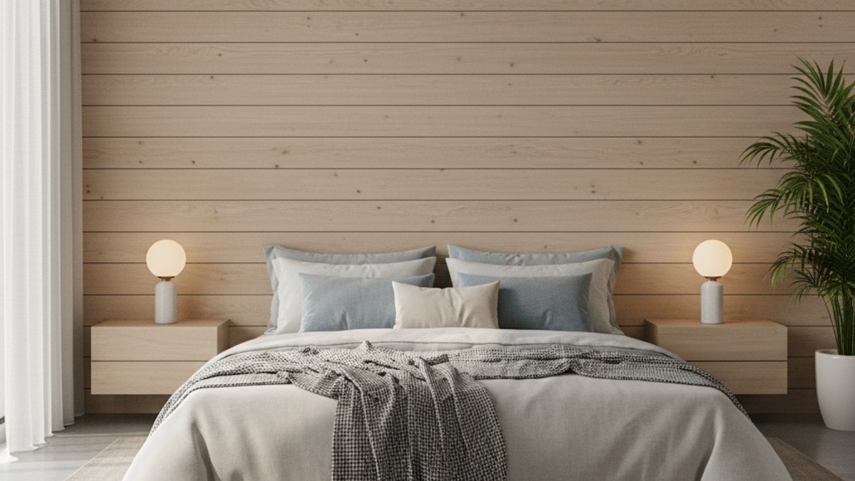 Phòng ngủ với tường ốp gỗ đầu giường