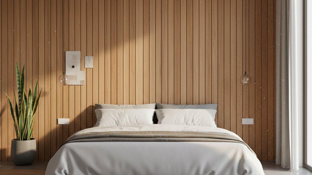 Phòng ngủ với tường ốp gỗ và cây xanh