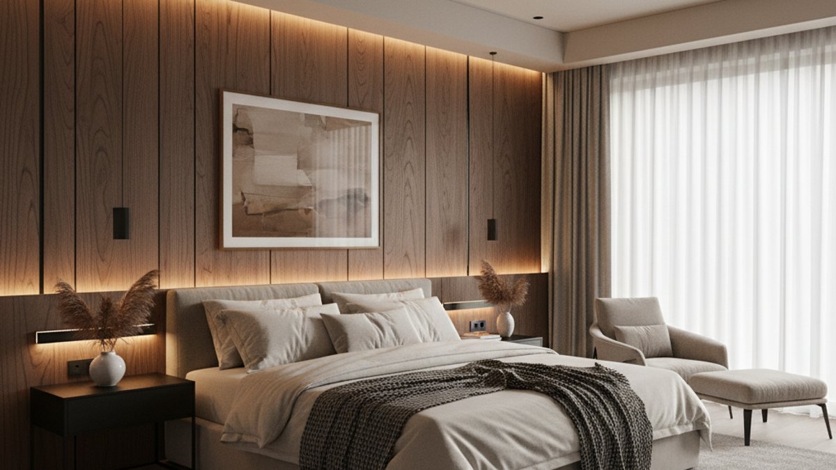 Tường ốp gỗ tự nhiên óc chó trong phòng ngủ