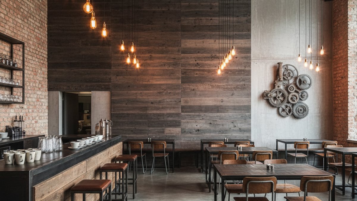 Không gian quán cafe với tường ốp gỗ xi măng