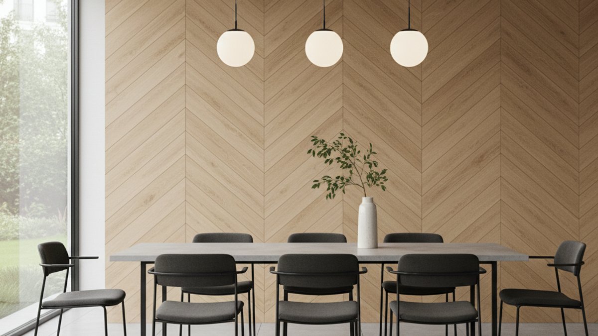 Phòng ăn với tường ốp gỗ xương cá